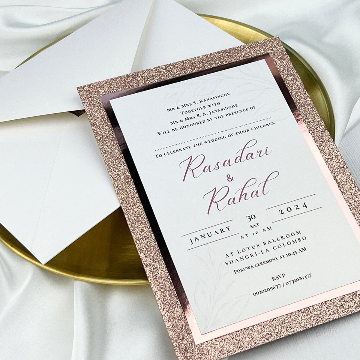 Glitter Rose Gold Wedding Invitation with Elegant Ribbon