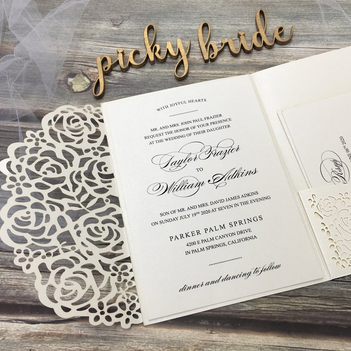 Golden Wedding Invitations Cards with RSVP Cards, Elegant Lace Invitat