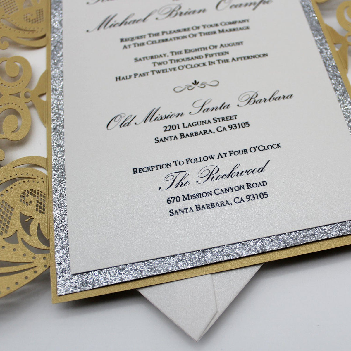 Glitter Rose Gold Wedding Invitation with Elegant Ribbon