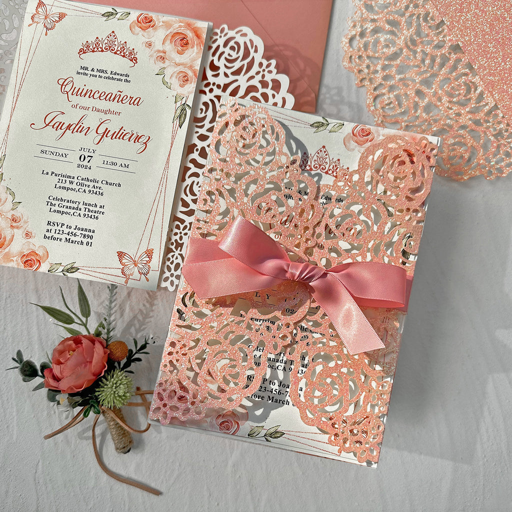 Glitter Pink Rose Quinceanera Invitation, Blush Floral Butterflies Crown Princess