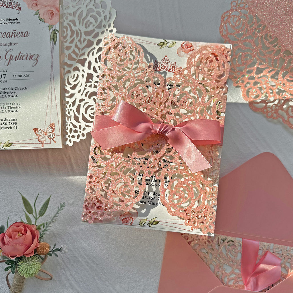 Glitter Pink Rose Quinceanera Invitation, Blush Floral Butterflies Crown Princess