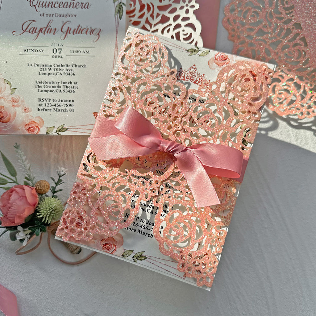 Glitter Pink Rose Quinceanera Invitation, Blush Floral Butterflies Crown Princess