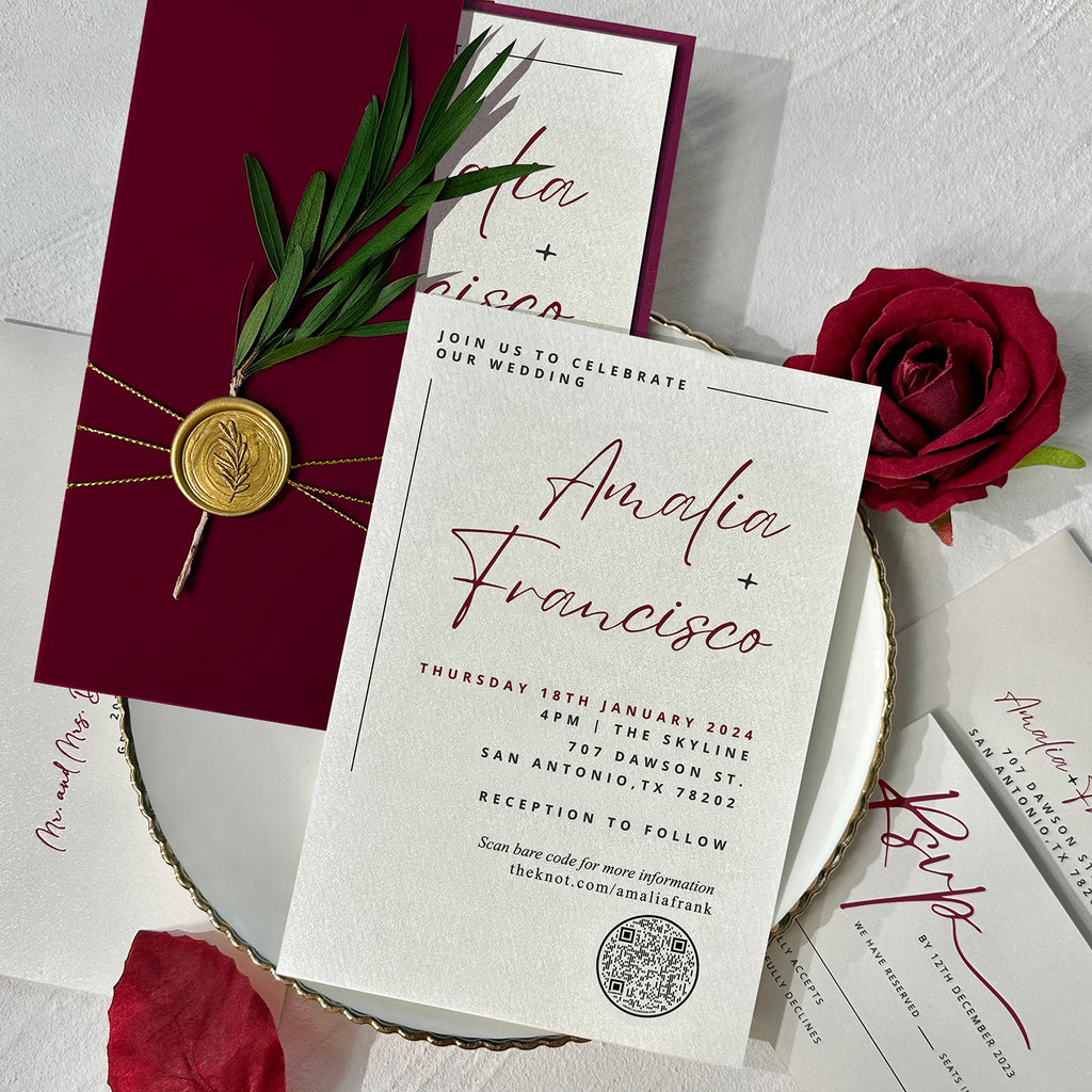 Burgundy Velvet Wedding Invitations with RSVP Cards Luxury Invites, Envelopes Addressing