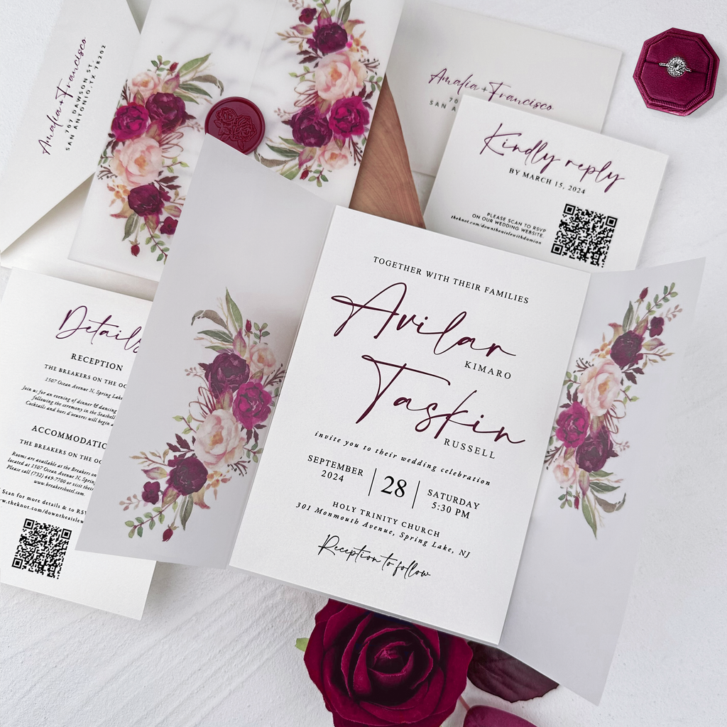 Burgundy Floral Vellum Wrap Wedding Invitation Set with Rose Wax Seals