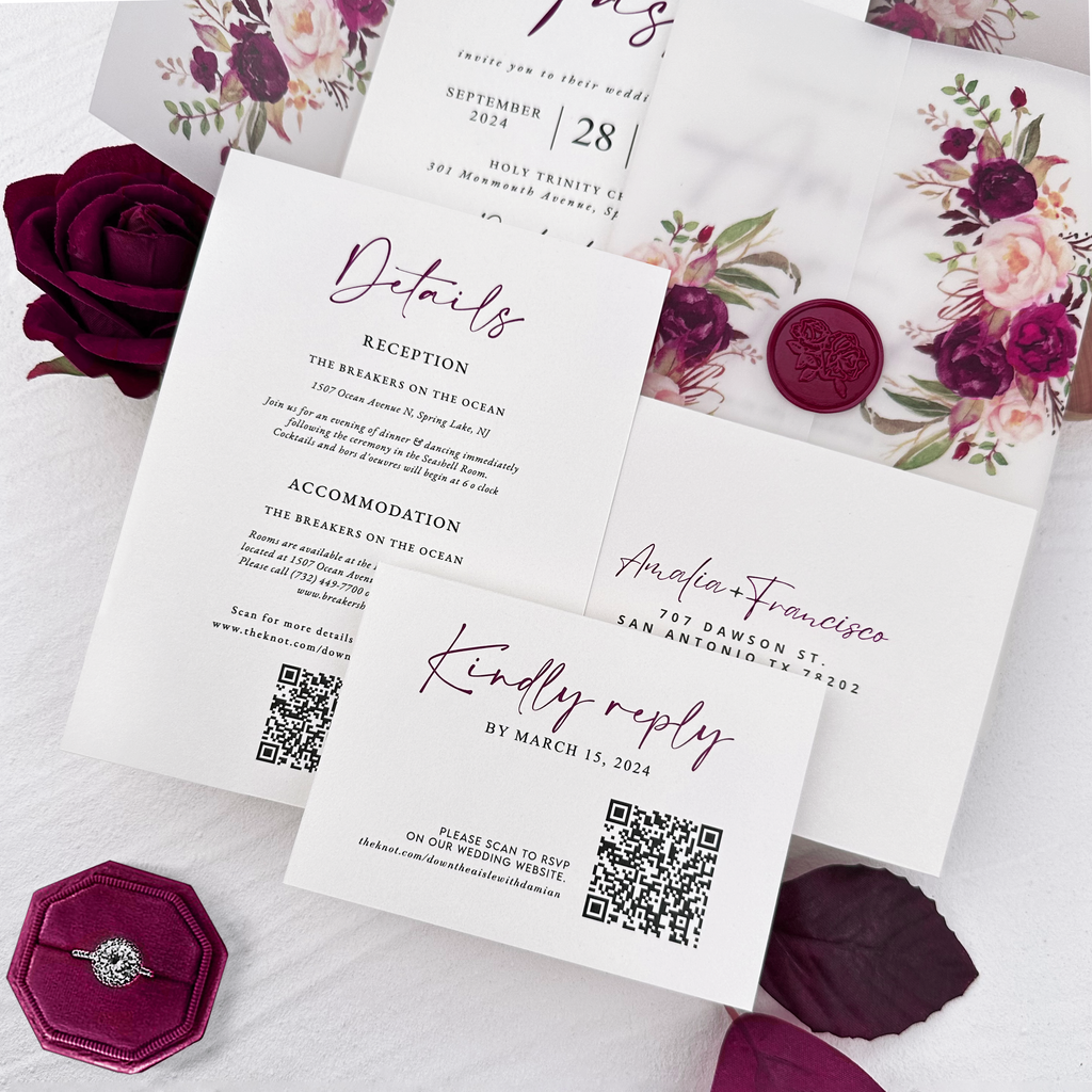 Burgundy Floral Vellum Wrap Wedding Invitation Set with Rose Wax Seals