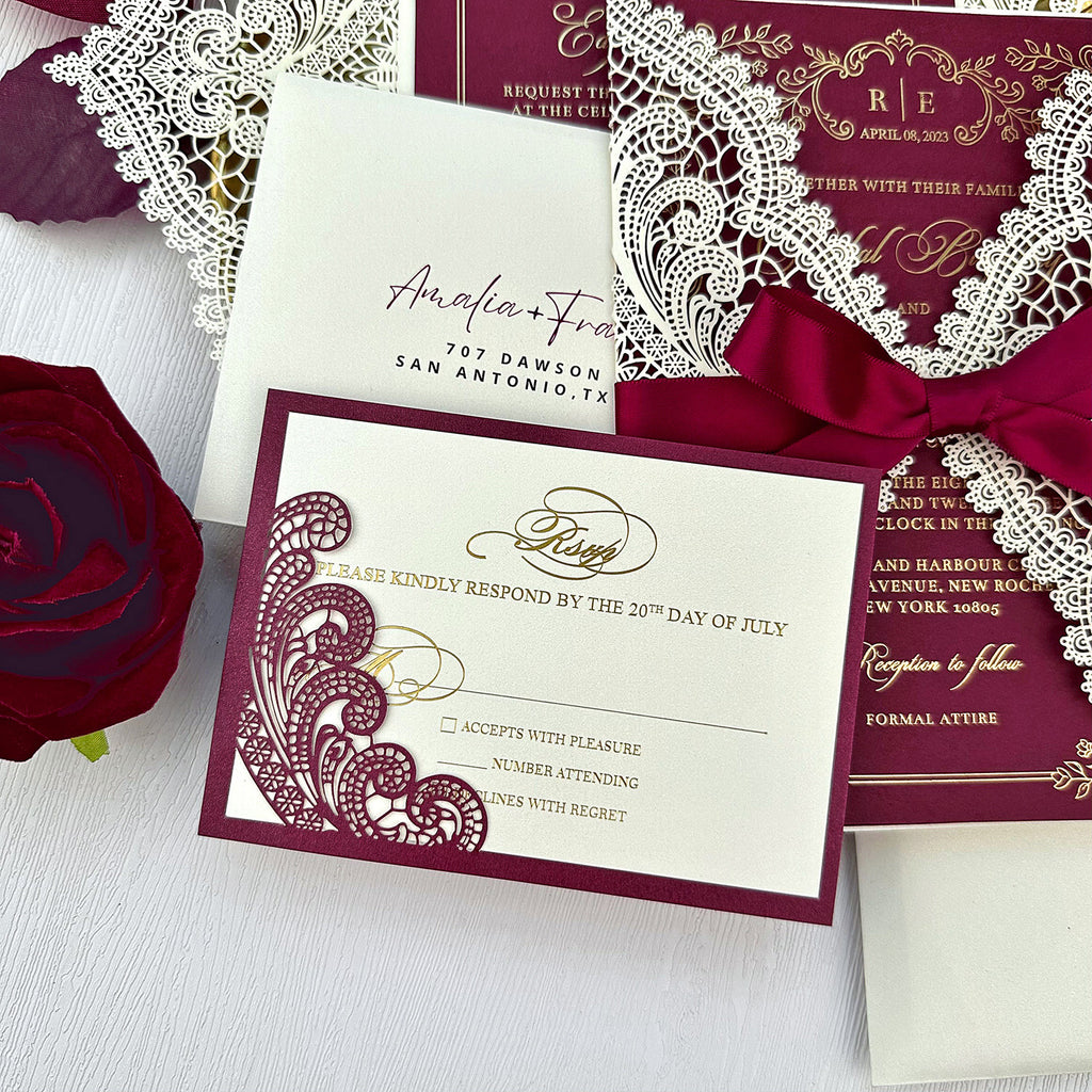 Burgundy Wedding Invitation, Gold Foil Printing Invites and RSVP Cards