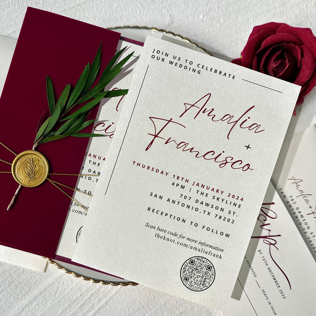 Burgundy Velvet Wedding Invitations with RSVP Cards Luxury Invites, Envelopes Addressing