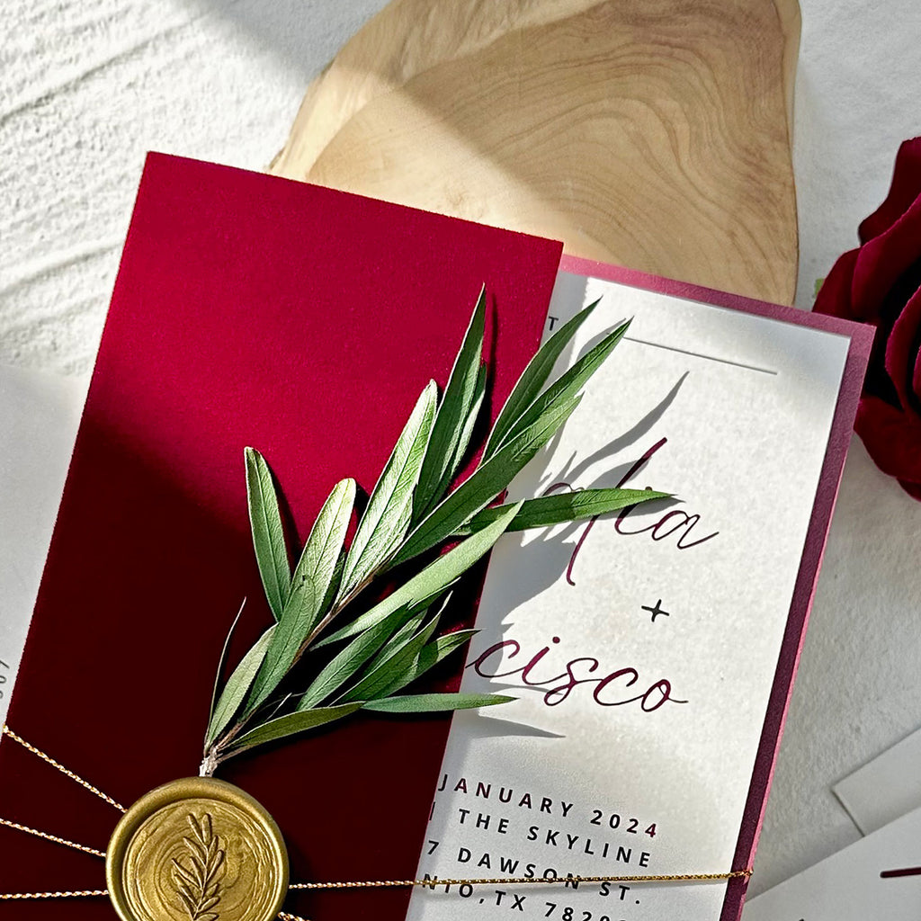 Burgundy Velvet Wedding Invitations with RSVP Cards Luxury Invites, Envelopes Addressing