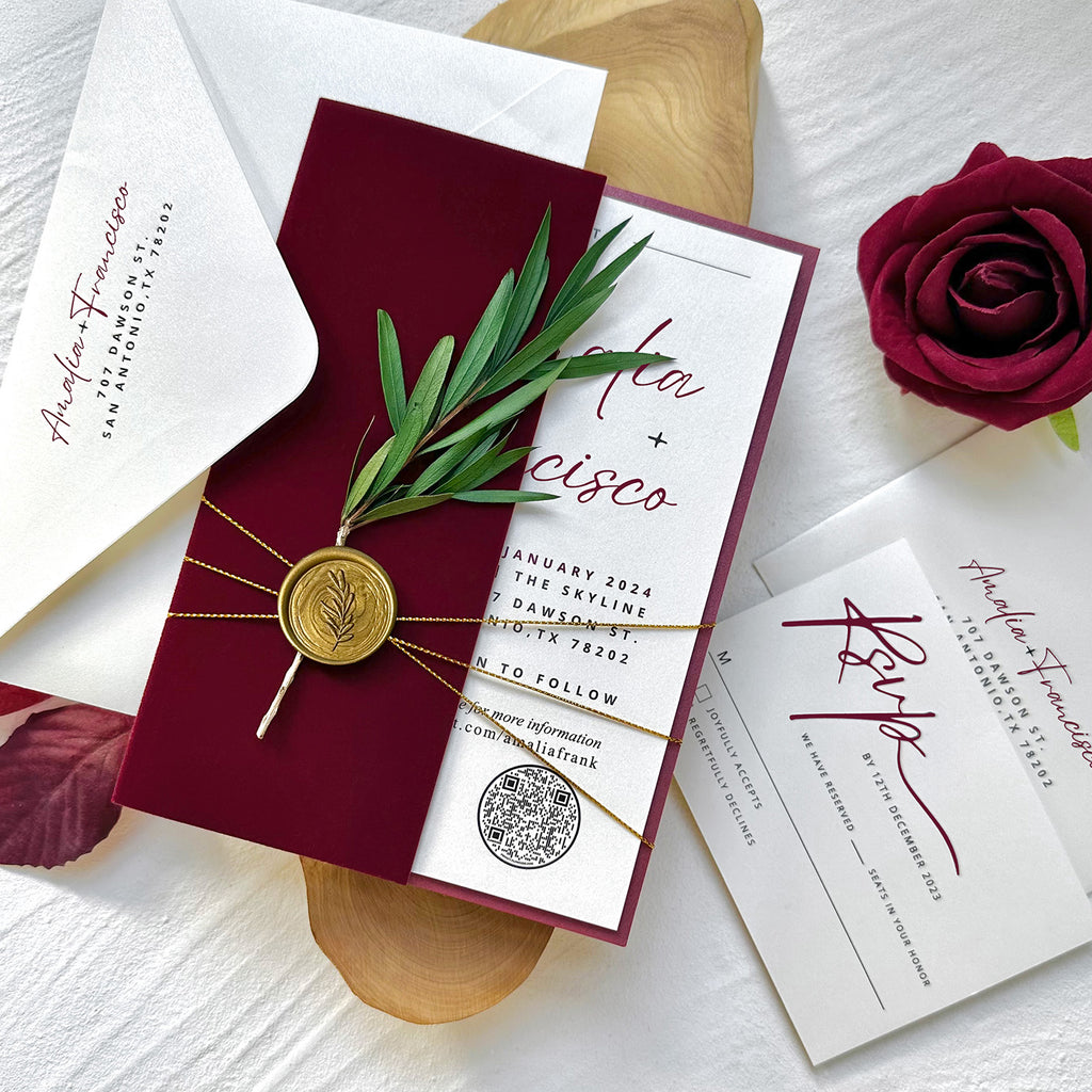 Burgundy Velvet Wedding Invitations with RSVP Cards Luxury Invites, Envelopes Addressing