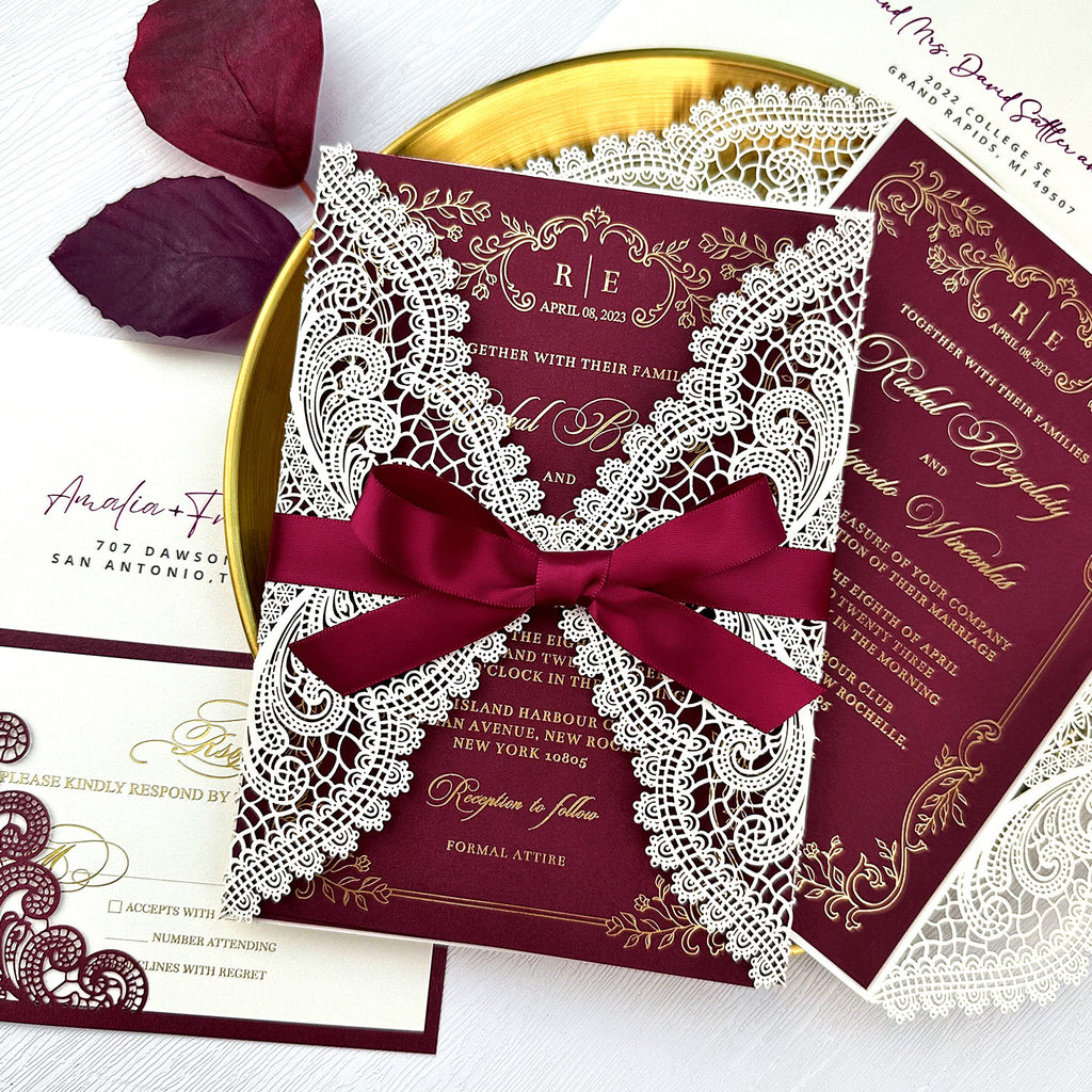 Burgundy Wedding Invitation, Gold Foil Printing Invites and RSVP Cards