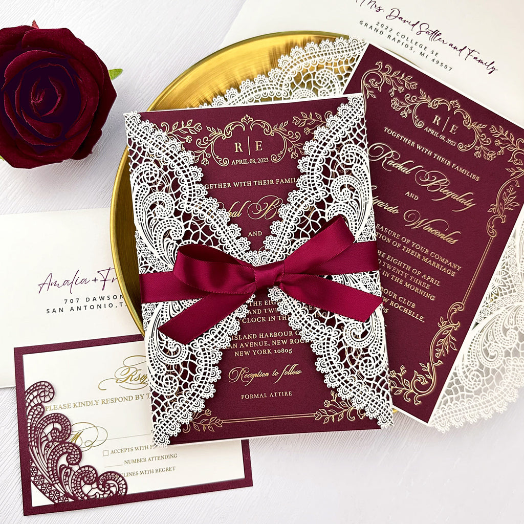 Burgundy Wedding Invitation, Gold Foil Printing Invites and RSVP Cards