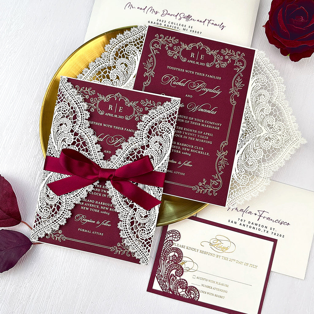 Burgundy Wedding Invitation, Gold Foil Printing Invites and RSVP Cards