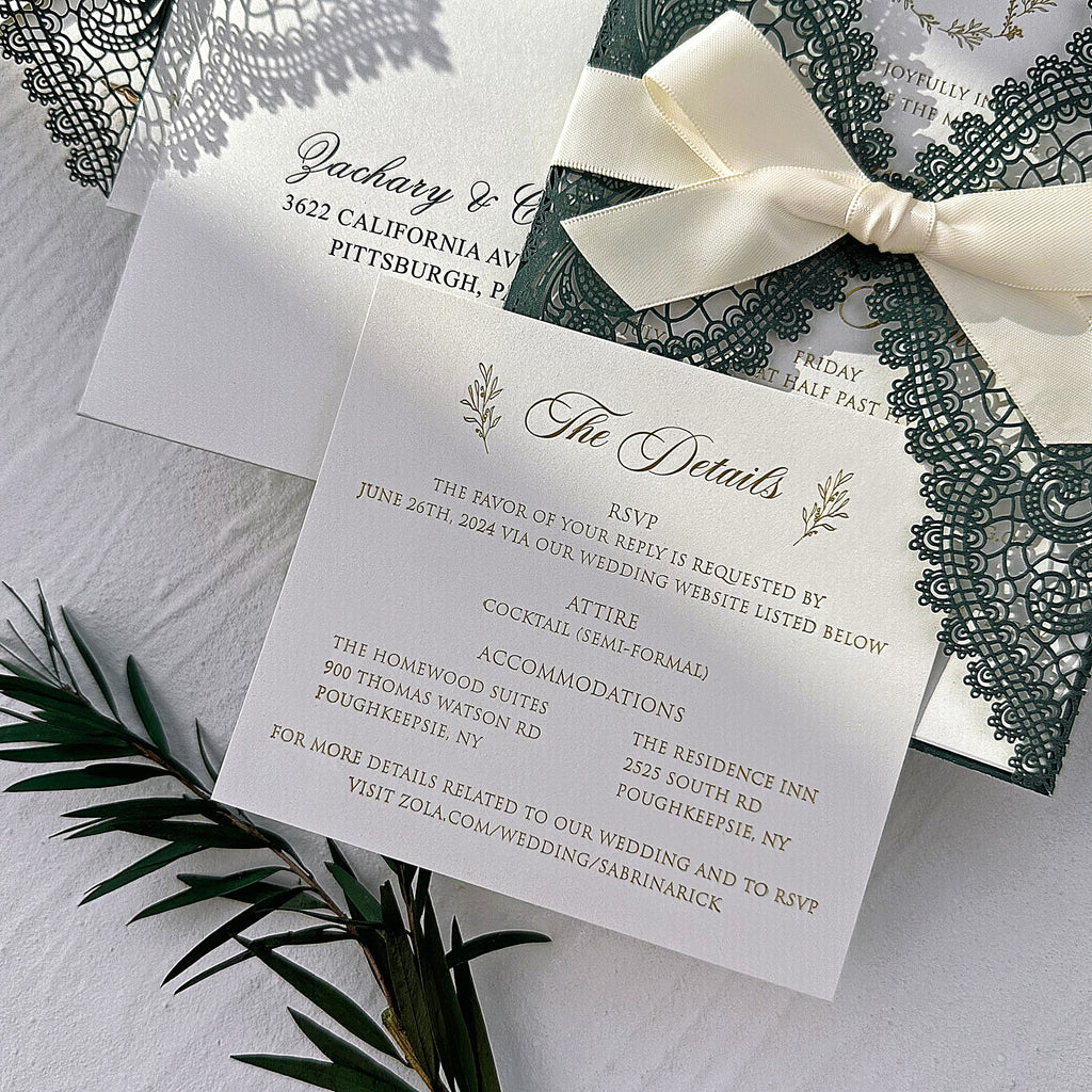 Emerald Green Lace Laser Cut Wedding Invitations, Gold Foil Printing Invites and RSVP Cards, Shimmery Invitation