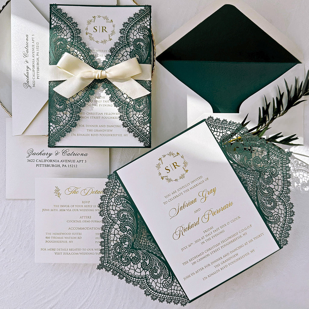 Emerald Green Lace Laser Cut Wedding Invitations, Gold Foil Printing Invites and RSVP Cards, Shimmery Invitation