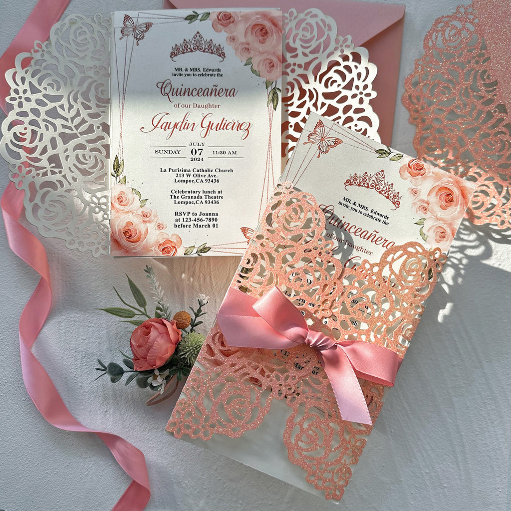 Glitter Pink Rose Quinceanera Invitation, Blush Floral Butterflies Crown Princess