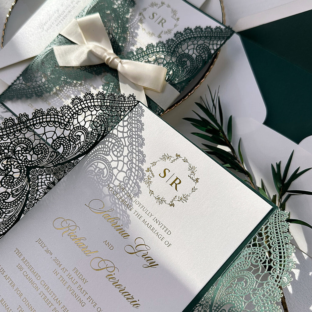 Emerald Green Lace Laser Cut Wedding Invitations, Gold Foil Printing Invites and RSVP Cards, Shimmery Invitation