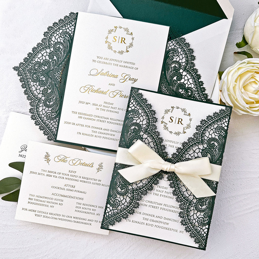 Emerald Green Lace Laser Cut Wedding Invitations, Gold Foil Printing Invites and RSVP Cards, Shimmery Invitation