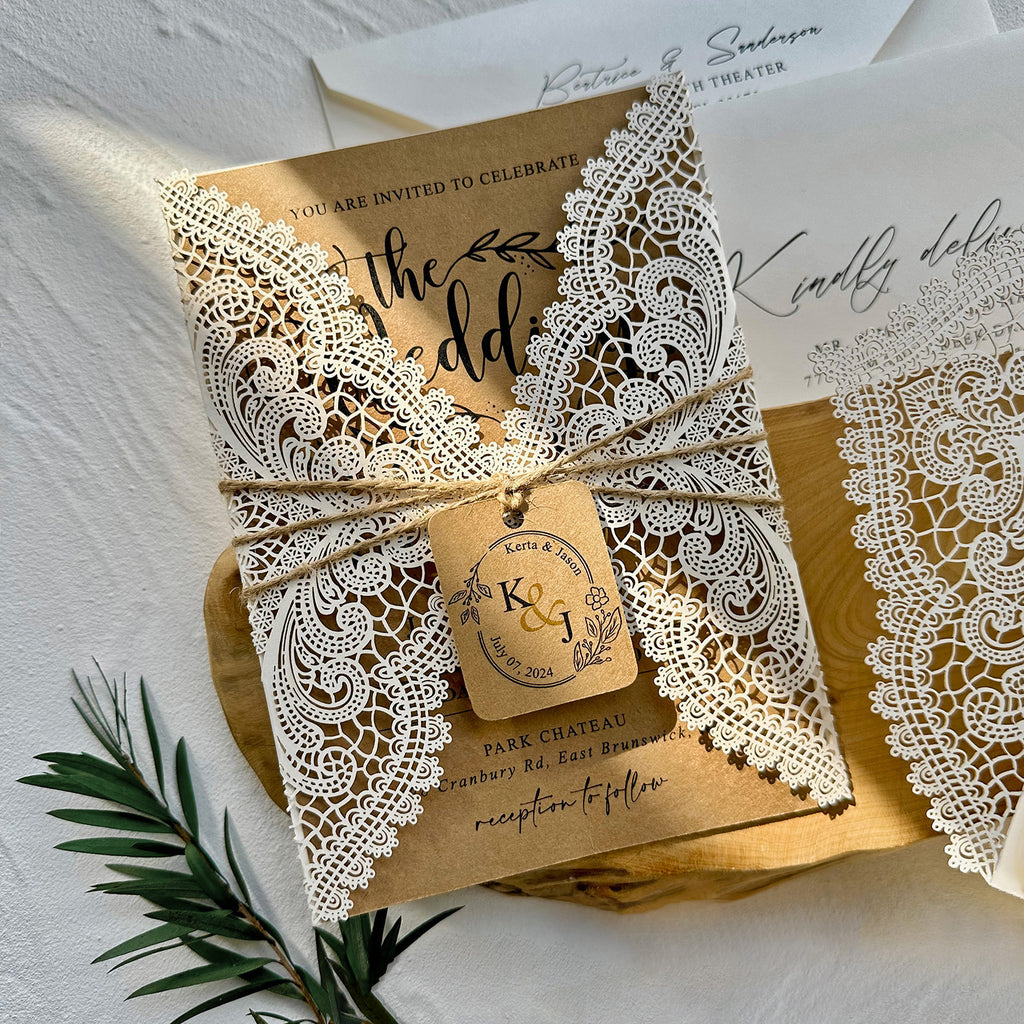 Ensemble d'invitation de mariage Kraft Carte de mariage en dentelle personnalisée Mariage élégant rustique