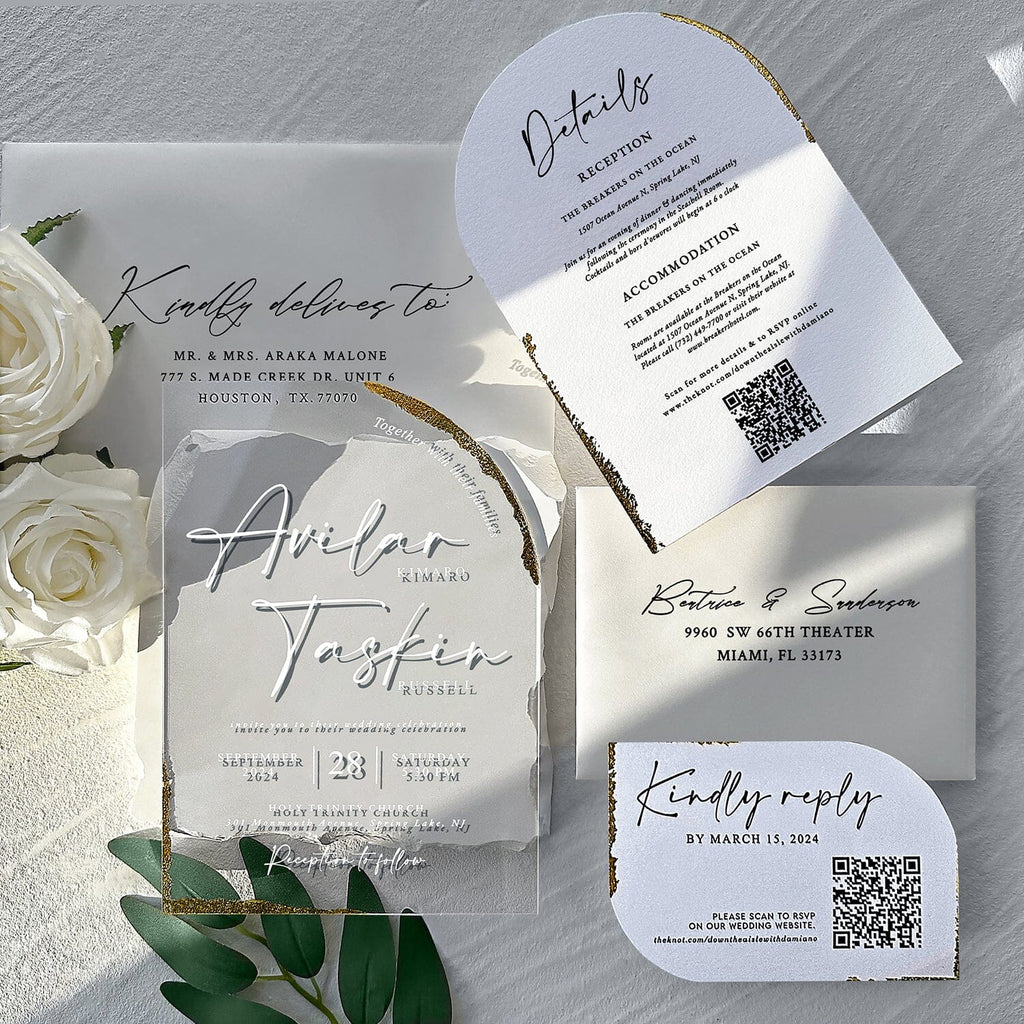 Arch Clear Acrylic Wedding Invitations, Luxury Handmade Gold Deckled-Edge Invites, Customized Cotton Paper Invitation with RSVP Wedding Ceremony Supplies Picky Bride 