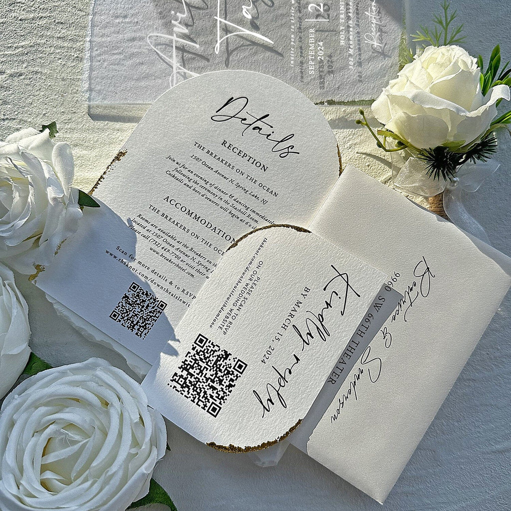 Arch Clear Acrylic Wedding Invitations, Luxury Handmade Gold Deckled-Edge Invites, Customized Cotton Paper Invitation with RSVP Wedding Ceremony Supplies Picky Bride 