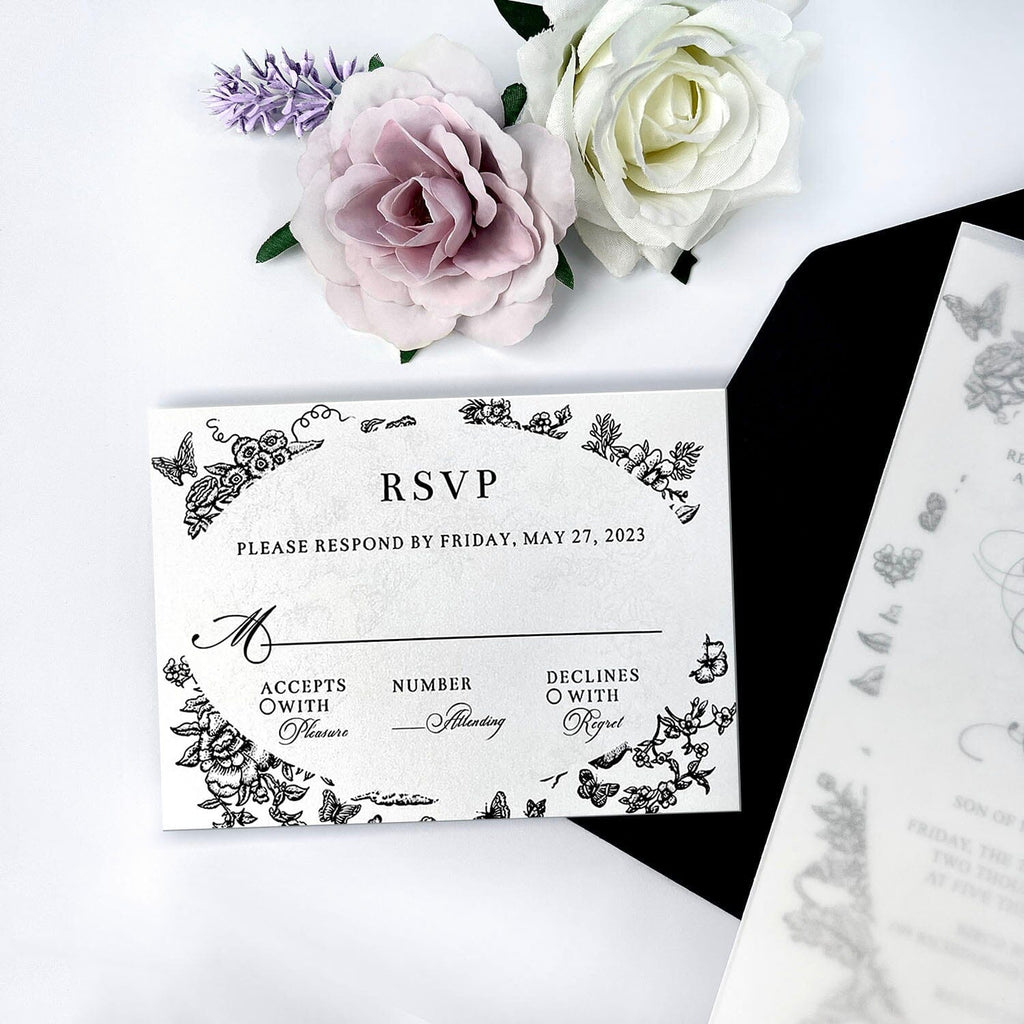 Black and White Floral Wedding Invitation Set, Translucent Vellum Jacket Invites with Personalized Monogram, Elegant Garden Frame Wedding Invitations Wedding Ceremony Supplies Picky Bride 