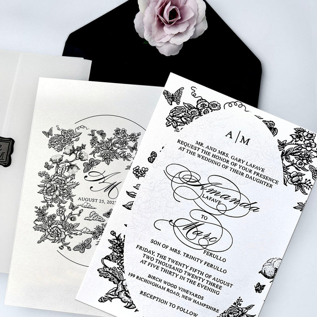 Black and White Floral Wedding Invitation Set, Translucent Vellum Jacket Invites with Personalized Monogram, Elegant Garden Frame Wedding Invitations Wedding Ceremony Supplies Picky Bride 