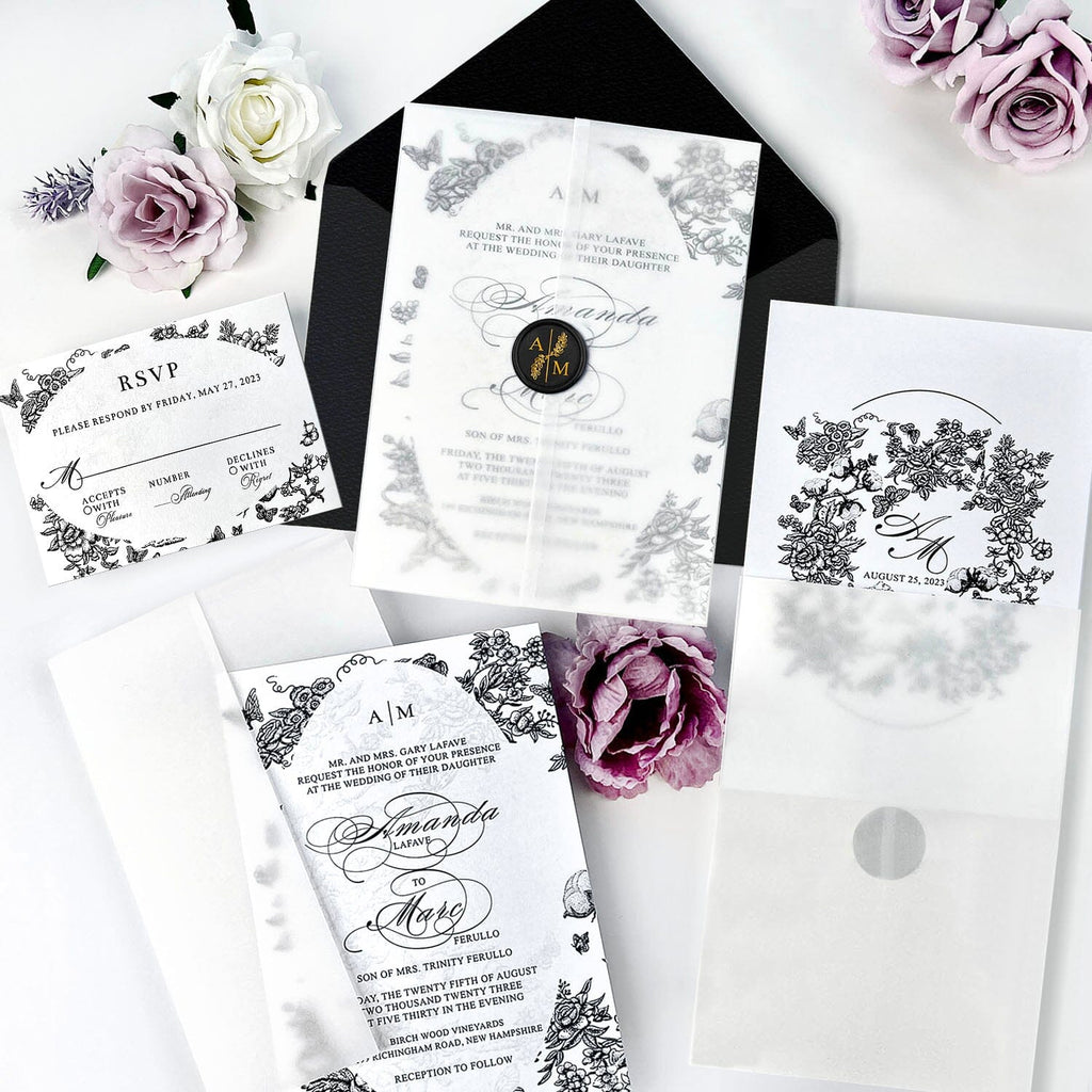 Black and White Floral Wedding Invitation Set, Translucent Vellum Jacket Invites with Personalized Monogram, Elegant Garden Frame Wedding Invitations Wedding Ceremony Supplies Picky Bride 