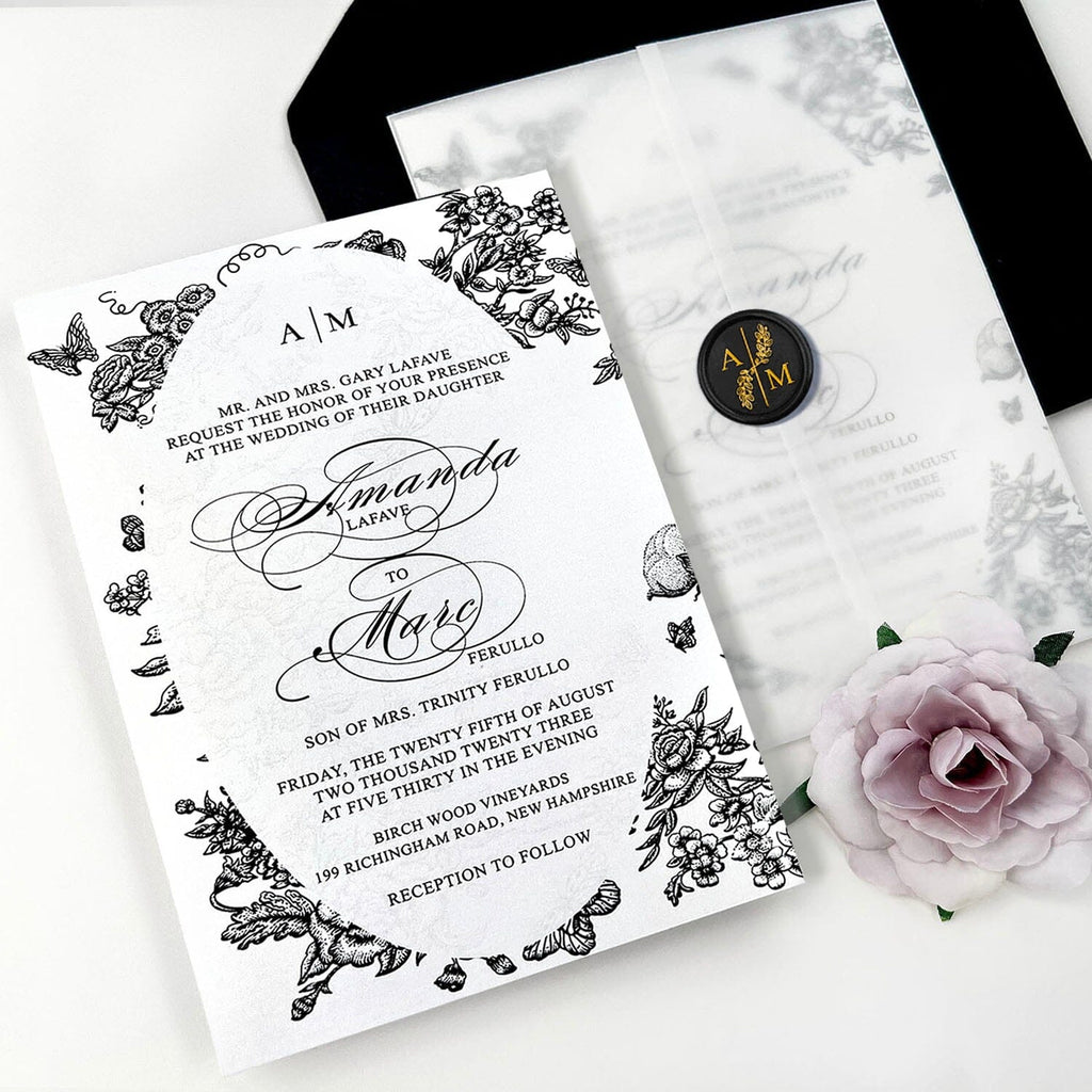 Black and White Floral Wedding Invitation Set, Translucent Vellum Jacket Invites with Personalized Monogram, Elegant Garden Frame Wedding Invitations Wedding Ceremony Supplies Picky Bride 