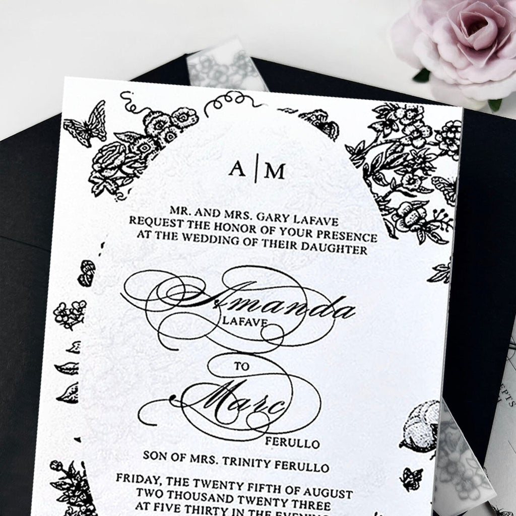 Black and White Floral Wedding Invitation Set, Translucent Vellum Jacket Invites with Personalized Monogram, Elegant Garden Frame Wedding Invitations Wedding Ceremony Supplies Picky Bride 