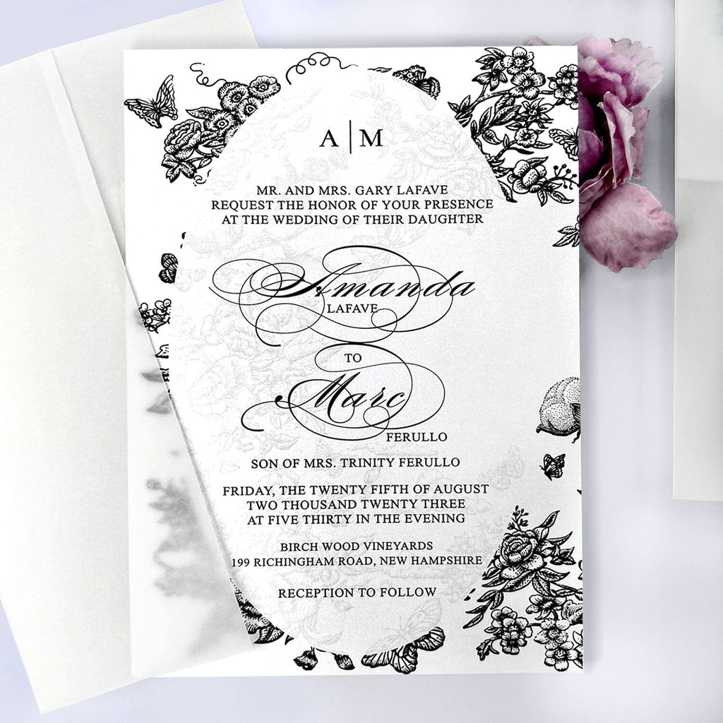 Black and White Floral Wedding Invitation Set, Translucent Vellum Jacket Invites with Personalized Monogram, Elegant Garden Frame Wedding Invitations Wedding Ceremony Supplies Picky Bride 