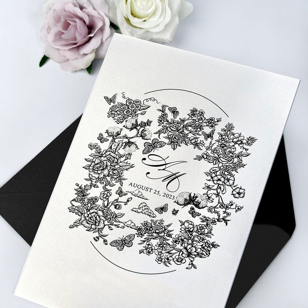 Black and White Floral Wedding Invitation Set, Translucent Vellum Jacket Invites with Personalized Monogram, Elegant Garden Frame Wedding Invitations Wedding Ceremony Supplies Picky Bride 