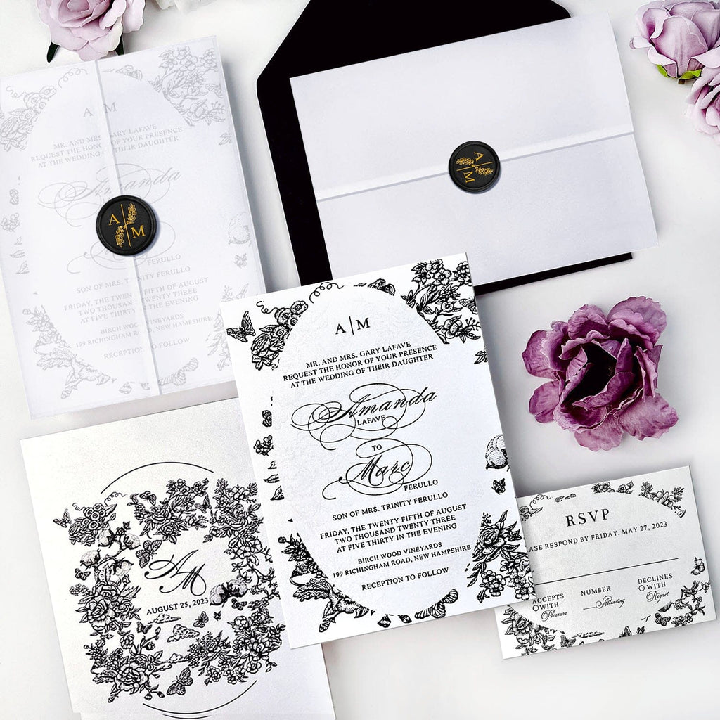 Black and White Floral Wedding Invitation Set, Translucent Vellum Jacket Invites with Personalized Monogram, Elegant Garden Frame Wedding Invitations Wedding Ceremony Supplies Picky Bride 