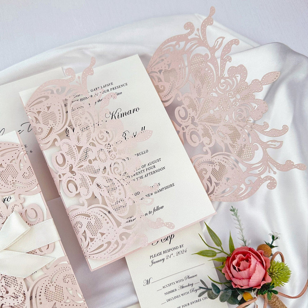 Blush Floral Lace Fold Wedding Invitation, Romantic Pink Petal Laser Cut Invites with Ribbon, Beige Bow Wedding Invitations Wedding Ceremony Supplies Picky Bride 