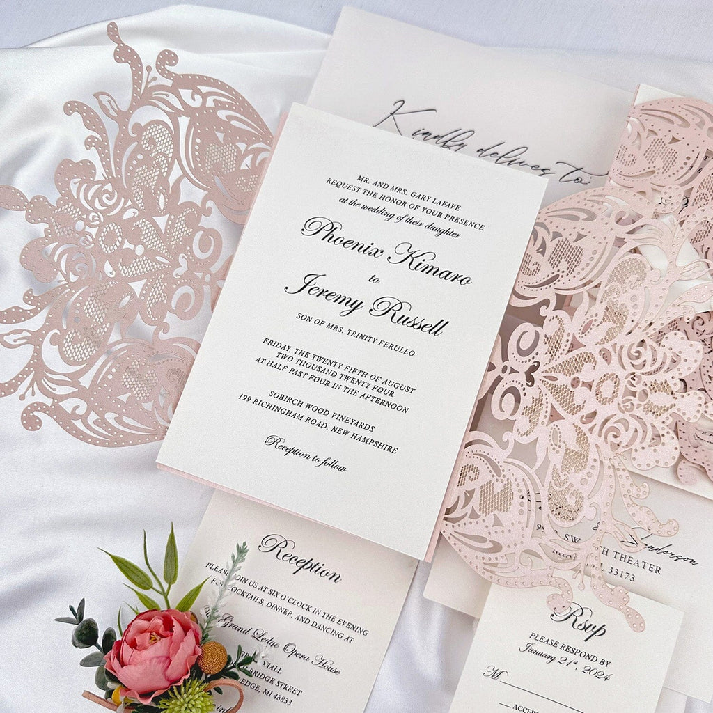 Blush Floral Lace Fold Wedding Invitation, Romantic Pink Petal Laser Cut Invites with Ribbon, Beige Bow Wedding Invitations Wedding Ceremony Supplies Picky Bride 