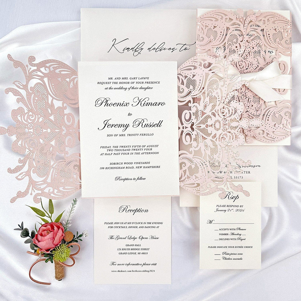 Blush Floral Lace Fold Wedding Invitation, Romantic Pink Petal Laser Cut Invites with Ribbon, Beige Bow Wedding Invitations Wedding Ceremony Supplies Picky Bride 