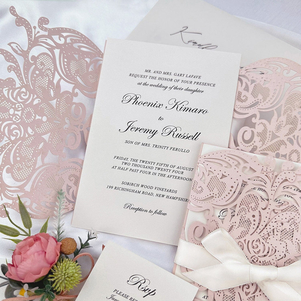 Blush Floral Lace Fold Wedding Invitation, Romantic Pink Petal Laser Cut Invites with Ribbon, Beige Bow Wedding Invitations Wedding Ceremony Supplies Picky Bride 