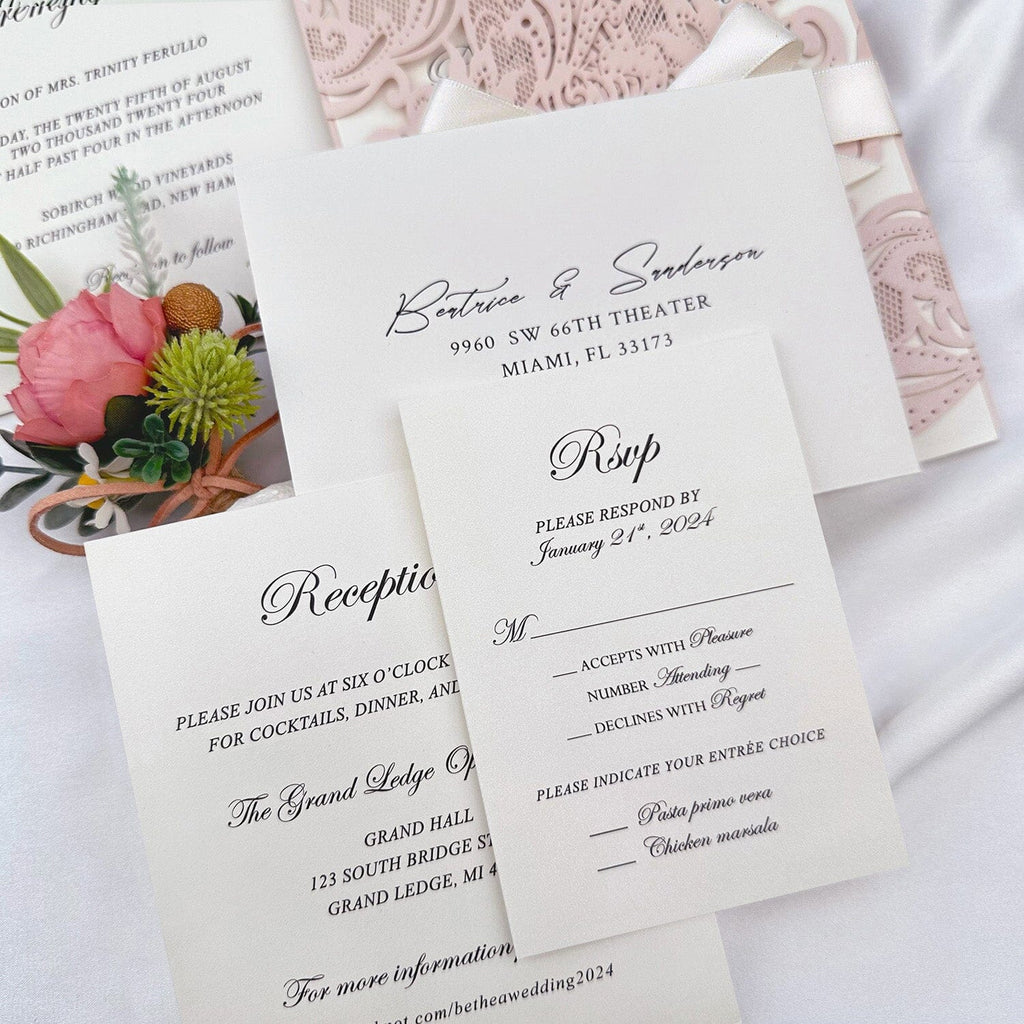 Blush Floral Lace Fold Wedding Invitation, Romantic Pink Petal Laser Cut Invites with Ribbon, Beige Bow Wedding Invitations Wedding Ceremony Supplies Picky Bride 