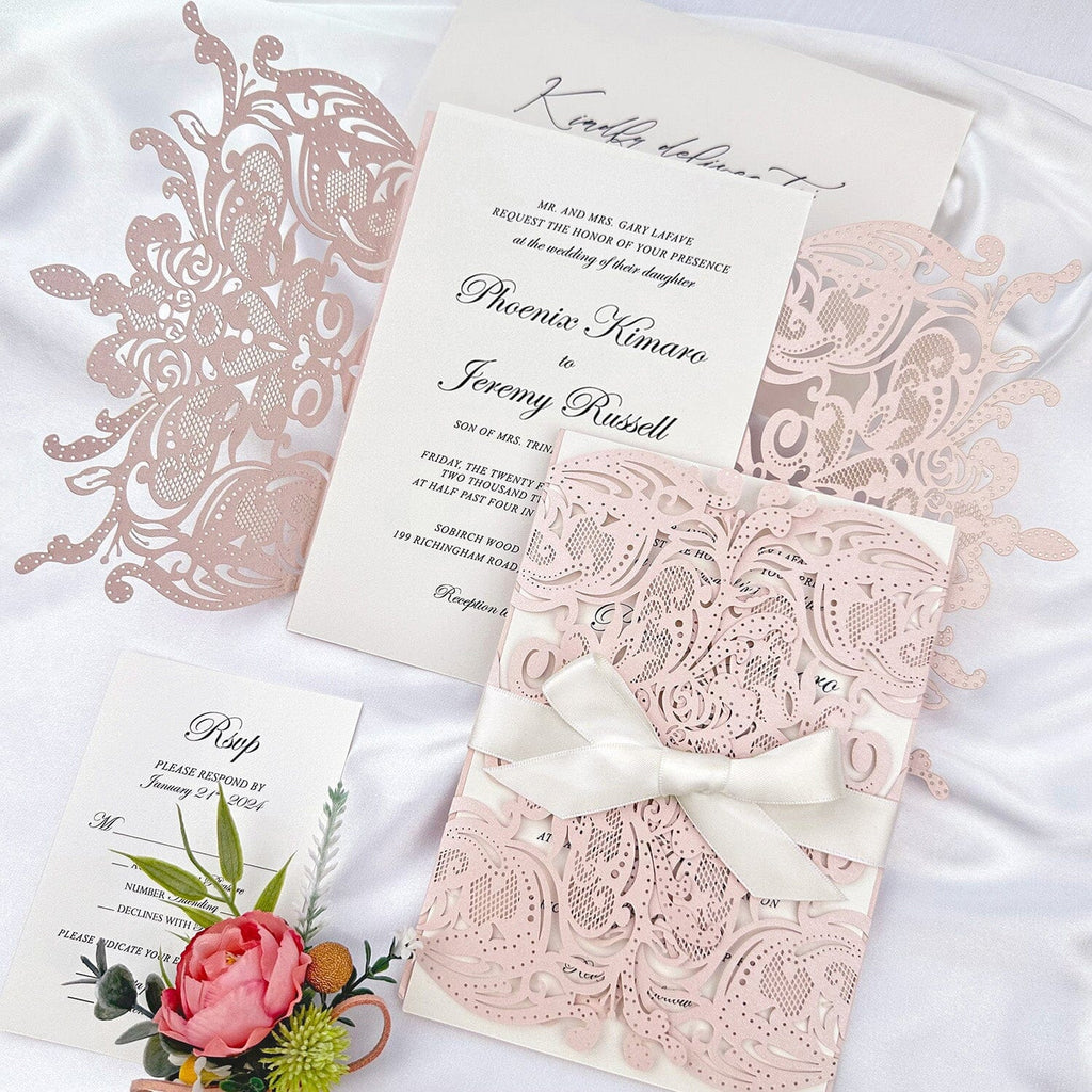 Blush Floral Lace Fold Wedding Invitation, Romantic Pink Petal Laser Cut Invites with Ribbon, Beige Bow Wedding Invitations Wedding Ceremony Supplies Picky Bride 