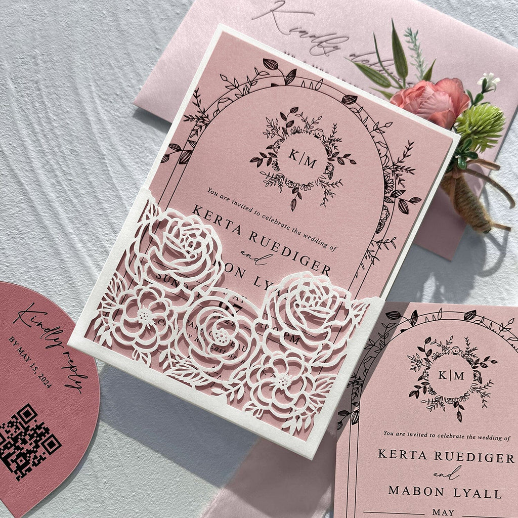 Blush Pink and Ivory Rose Wedding Invitations, Elegant Floral Arch Frame Wedding Invites, Romantic Laser Cut Pocket Invitation with Matched RSVP Wedding Ceremony Supplies Picky Bride 