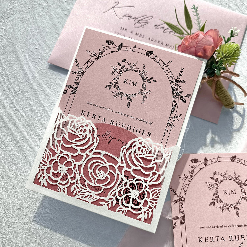 Blush Pink and Ivory Rose Wedding Invitations, Elegant Floral Arch Frame Wedding Invites, Romantic Laser Cut Pocket Invitation with Matched RSVP Wedding Ceremony Supplies Picky Bride 