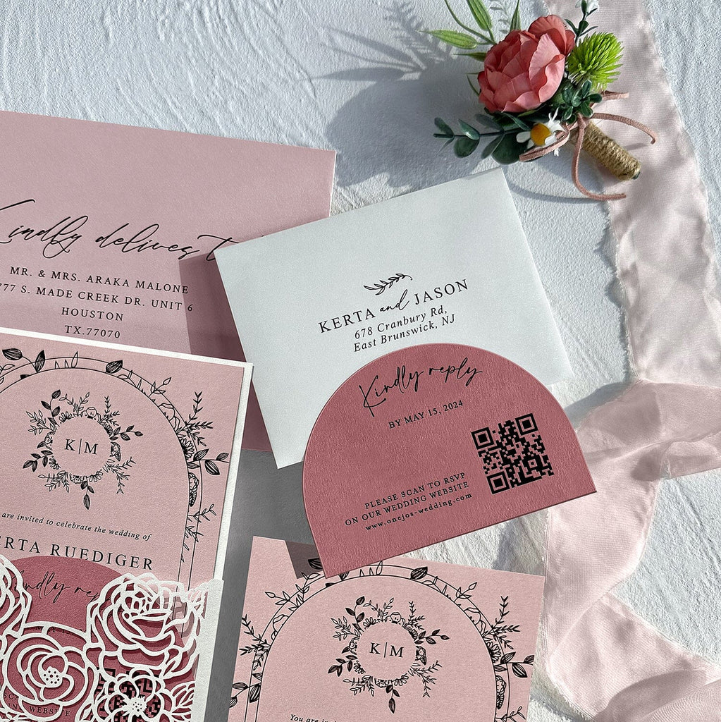 Blush Pink and Ivory Rose Wedding Invitations, Elegant Floral Arch Frame Wedding Invites, Romantic Laser Cut Pocket Invitation with Matched RSVP Wedding Ceremony Supplies Picky Bride 