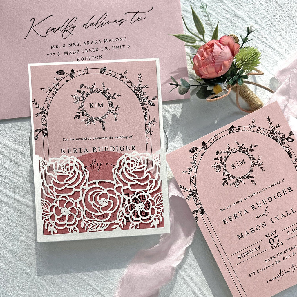 Blush Pink and Ivory Rose Wedding Invitations, Elegant Floral Arch Frame Wedding Invites, Romantic Laser Cut Pocket Invitation with Matched RSVP Wedding Ceremony Supplies Picky Bride 