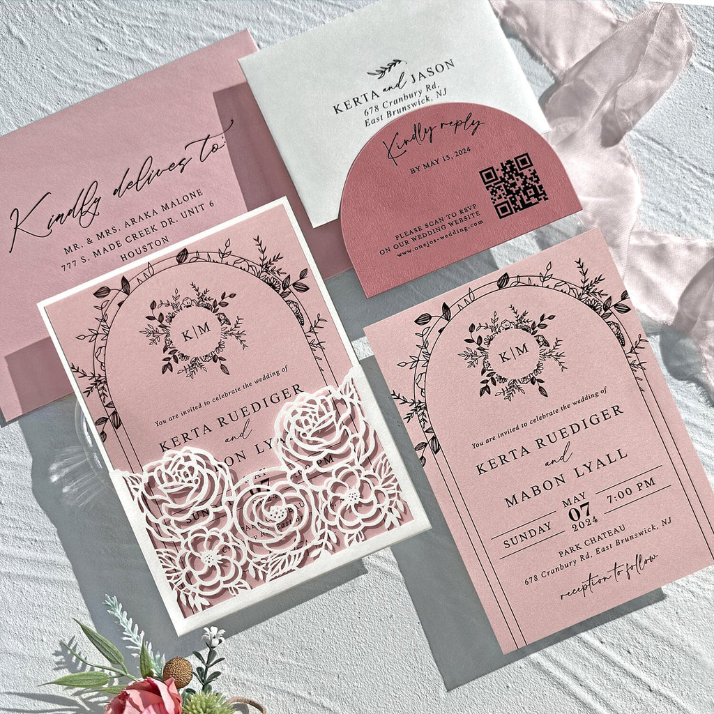 Blush Pink and Ivory Rose Wedding Invitations, Elegant Floral Arch Frame Wedding Invites, Romantic Laser Cut Pocket Invitation with Matched RSVP Wedding Ceremony Supplies Picky Bride 