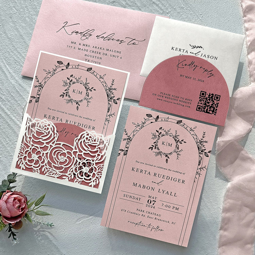 Blush Pink and Ivory Rose Wedding Invitations, Elegant Floral Arch Frame Wedding Invites, Romantic Laser Cut Pocket Invitation with Matched RSVP Wedding Ceremony Supplies Picky Bride 