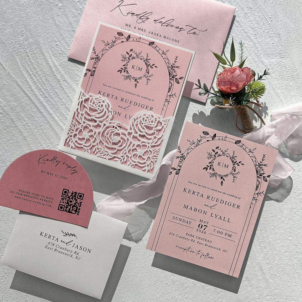 Blush Pink and Ivory Rose Wedding Invitations, Elegant Floral Arch Frame Wedding Invites, Romantic Laser Cut Pocket Invitation with Matched RSVP Wedding Ceremony Supplies Picky Bride 