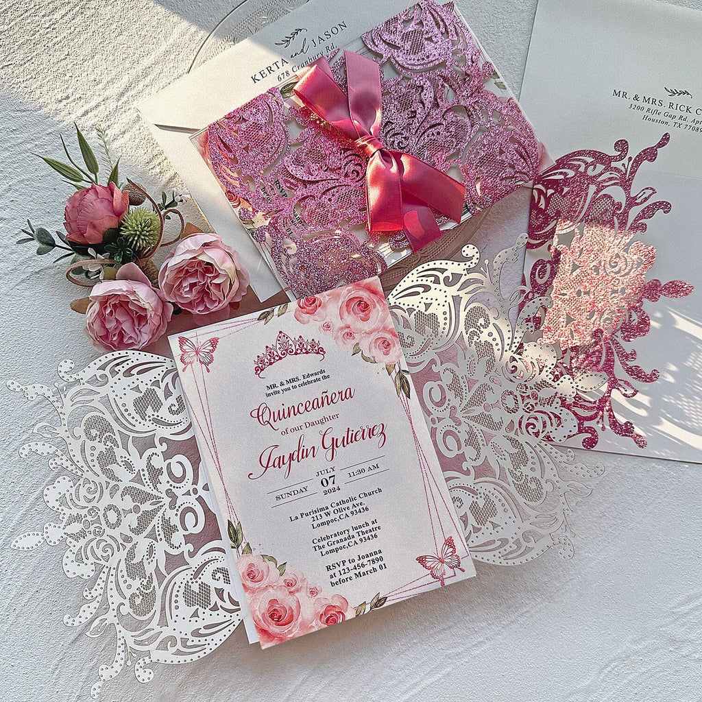 Blush Pink Glitter Quinceanera Invites, Romantic Princess Crown Invitations, Dusty Rose Floral Party Invitation with Sweet Ribbon Picky Bride 