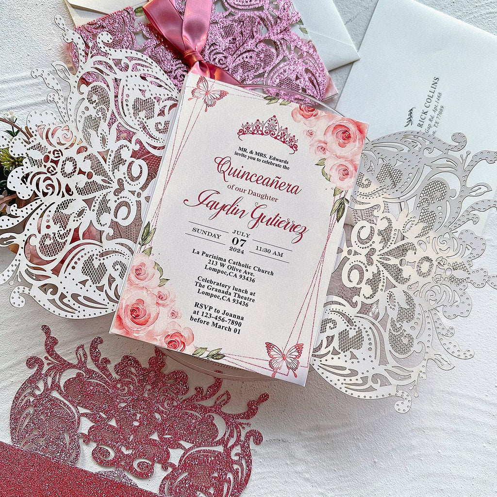 Blush Pink Glitter Quinceanera Invites, Romantic Princess Crown Invitations, Dusty Rose Floral Party Invitation with Sweet Ribbon Picky Bride 