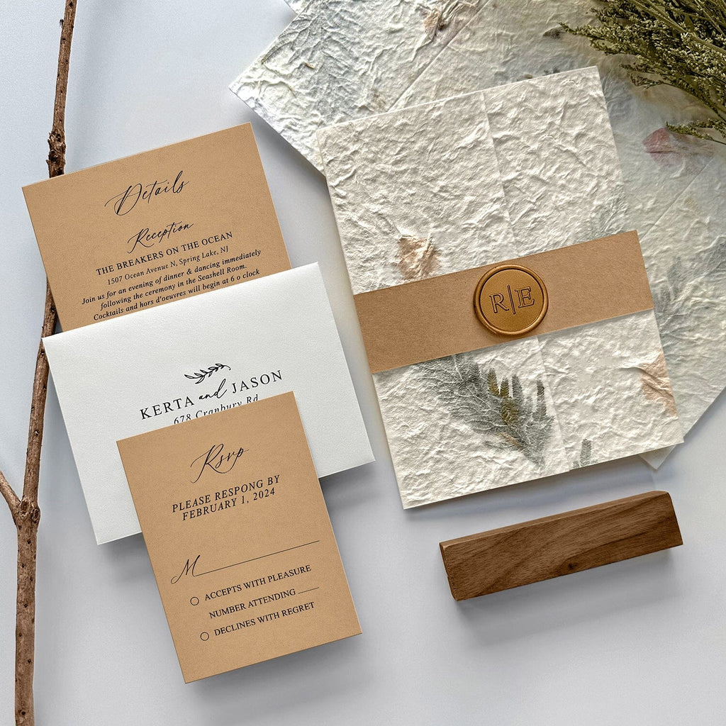 Botanical and Kraft Wedding Invitation Suite, Rustic Petal and Leaf Handmade Wrap Invites, Romantic Forest Wedding Invitations Wedding Ceremony Supplies Picky Bride 