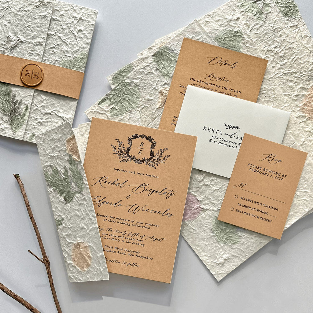 Botanical and Kraft Wedding Invitation Suite, Rustic Petal and Leaf Handmade Wrap Invites, Romantic Forest Wedding Invitations Wedding Ceremony Supplies Picky Bride 