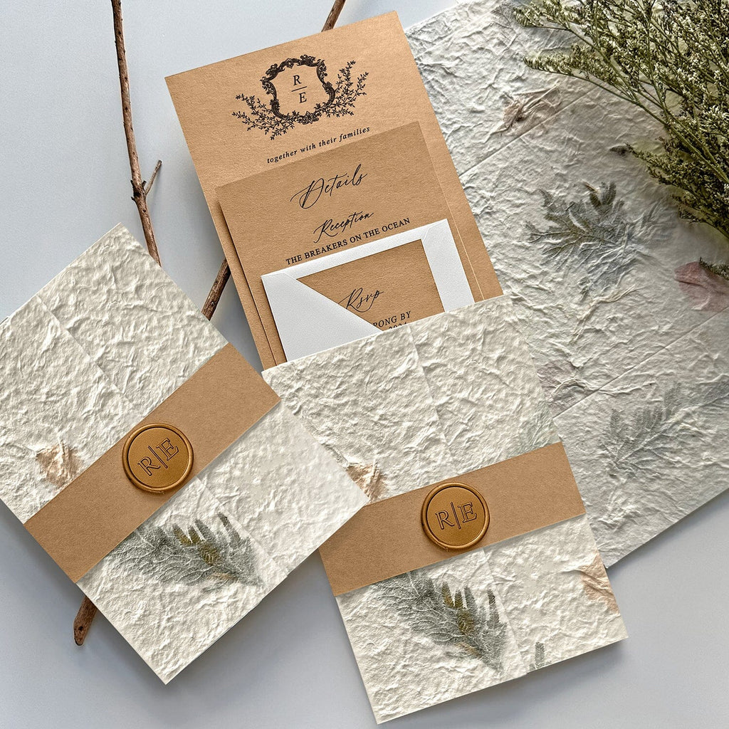 Botanical and Kraft Wedding Invitation Suite, Rustic Petal and Leaf Handmade Wrap Invites, Romantic Forest Wedding Invitations Wedding Ceremony Supplies Picky Bride 